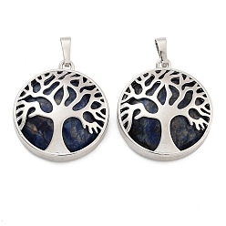 Содалитовое Природные подвески содалитом, подвески из горного хрусталя, латунная фурнитура с платиновым покрытием, плоские круглые с дерева жизни, платина, 31x27x8 мм, отверстие : 3.5x7 мм