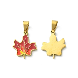 Golden Ion Plating(IP) 304 Stainless Steel Manual Polishing Pendants, with Enamel and 201 Stainless Steel Clasp, Maple Leaf Charms, Golden, 16x13x1.5mm, Hole: 3x5.5mm