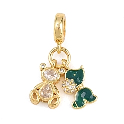 Зеленый Латунные подвески с прозрачными кубическими циркониями в виде животных, выполненные в европейском стиле., Милые кулоны с большими отверстиями в виде медведя и собаки, украшенные эмалью., реальный 18 k позолоченный, долговечный, стойки покрытие, без свинца и без кадмия, зелёные, 26 мм, отверстие : 5 мм