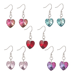 Mixed Color Electroplated Glass Heart Pendant Dangle Earrings, Brass French Hook Earring for Women, Mixed Color, 36mm, Pin: 0.7mm