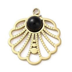 Black Onyx Вакуумное покрытие pvd 316 подвески из нержавеющей стали, с натуральным черным ониксом(крашенный и с подогревом), цветок, реальный 18 k позолоченный, 16.5x15x3 мм, отверстие : 1.5 мм