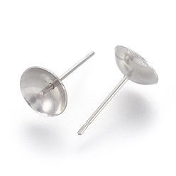 Stainless Steel Color Stainless Steel Stud Earring Findings, 304 stainless pin with 201 stainless tray, For Half Drilled Beads, Flat Round, Stainless Steel Color, 14~14.5x8mm, Pin: 0.7mm