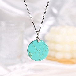 Synthetic Turquoise Synthetic Turquoise Flat Round Pendant Necklaces, Titanium Steel Cable Chain Necklace for Women Men, 19.69 inch(50cm)