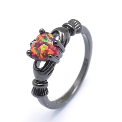Gunmetal Synthetic Opal Finger Rings, with Cubic Zirconia and Brass Findings, Long-Lasting Plated, Irish Heart, Size 7, Dark Red, Gunmetal, 17mm