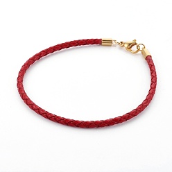 FireBrick Braided Leather Cord Bracelet Making, with 304 Stainless Steel Lobster Claw Clasps, Golden, FireBrick, 8-3/8 inch(21.4cm), 3mm