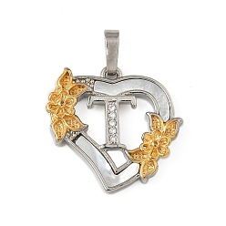 Letter T Латунь микропаве фианиты с подвесками-ракушками, Сердце и письмо, долговечный, без свинца и без кадмия, стойки покрытие, Письмо T, 20x20.5x3 мм, отверстие : 3.5x5 мм