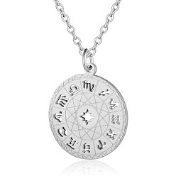 Stainless Steel Color 201 Stainless Steel Pendant Necklaces, with Cable Chains, Flat Round with Constellations, Stainless Steel Color, 15.7 inch(40cm)
