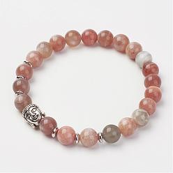 Multi-Moonstone Natural Multi-Moonstone Stretch Bracelets, with Brass Beads & Alloy Buddha Head Beads, Round, Colorful, 2-1/8 inch(55mm)