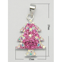 Ярко-Розовый Подвески серебро, с эмалью и стразами, рождественская елка, ярко-розовый, Размер : длиной около 28 мм , шириной 15 мм , толщиной 3.5 мм , отверстие : 3.5 мм