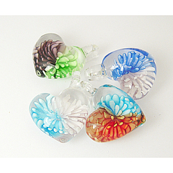 Colorful Handmade Inner Flower Lampwork Pendants, Heart, Mixed Color, Size: bout 32mm wide, 40mm long, 18.5mm thick, hole: about 5.5mm wide, 7mm thick