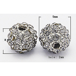 Noir Perles en alliage, avec strass de moyen-orient, ronde, argenterie, diamant noir, taille: environ 9mm de diamètre, épaisseur de 8mm, Trou: 2mm