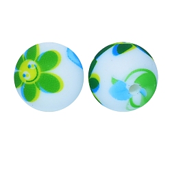 Yellow Green Round with Flower Food Grade Silicone Beads, Silicone Teething Beads, Yellow Green, 15mm