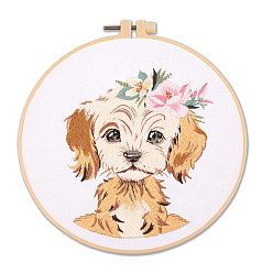 Dog DIY Puppy Dog Embroidery Kit for Beginners, Included Plastic Embroidery Hoop, Needle, Threads, Cotton Fabric, Golden Retriever Pattern, Hoop: 20x20cm
