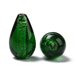 Dark Green Handmade Silver Foil Glass Beads, Teardrop, Dark Green, 25x15mm, Hole: 1.5mm