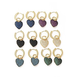 Mixed Color Cubic Zirconia Heart Padlock Dangle Hoop Earrings, Real 18K Gold Plated Brass Jewelry for Women, Cadmium Free & Lead Free, Mixed Color, 30mm, Pin: 1mm