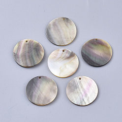 Gris Clair Noir pendentifs shell lèvres, plat rond, gris clair, 20x1~2mm, Trou: 1.2mm