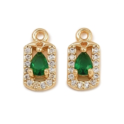 Зеленый Латунные микро проложить кубического циркония подвески, прямоугольник с подвесками-слезинками, реальный 18 k позолоченный, зелёные, 11x5.5x3 мм, отверстие : 1 мм