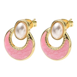 Pink Овальные серьги-гвоздики с плоскими круглыми латунными эмалированными элементами, с пластмассовой жемчужиной abs, стойки покрытие, без кадмия и без свинца, долговечный, золотые, розовые, 17x13.5 мм