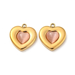 Light Salmon 304 Stainless Steel Charms, with Cat Eye, Heart Charm, Real 14K Gold Plated, Light Salmon, 14x13x3.5mm, Hole: 1.2mm