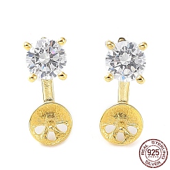 Real 18K Gold Plated 925 Sterling Silver with Cubic Zirconia Stud Earring Findings, with S925 Stamp, for Half Drilled Pearl Beads, Flat Round, Real 18K Gold Plated, 12x4.8mm, Pin: 0.7mm & 0.8mm