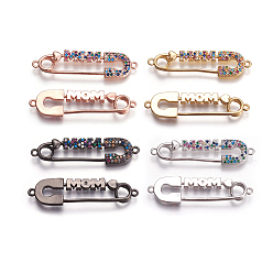 Mixed Color Mother's Day Theme, Brass Micro Pave Cubic Zirconia Links, Safety Pin Shape with Word MOM, Mixed Color, 10x38.5x2.5mm, Hole: 1.5mm
