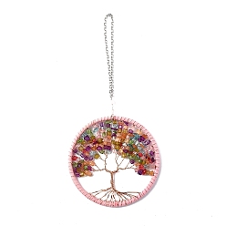 Colorful Wire Wrapped Chips Dyed Glass & Natural Amethyst Big Pendant Decorations, with Iron Chains and Imitation Leather Rope, Flat Round with Tree of Life, Colorful, 245mm