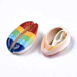Разноцветный Набивные бусины из натуральных ракушек каури, нет отверстий / незавершенного, с рисунком из радужных полос, красочный, 18~22x13~14x6~8 мм