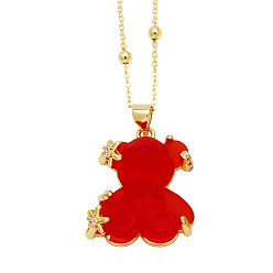 Red Resin Pendant Necklaces, with Brass Micro Pave Cubic Zirconia Finding, Bear, Red, 17.72 inch(45cm)