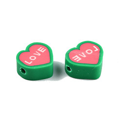 Tomato Handmade Polymer Clay Beads, Heart with Word Love, Tomato, 9~9.5x10~11x4~5mm, Hole: 1.5~1.8mm