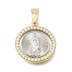 Platinum & Golden Religion Brass Micro Pave Clear Cubic Zirconia Pendants, Flat Round with Virgin Mary Charms, Rack Plating, Long-Lasting Plated, Cadmium Free & Lead Free, Platinum & Golden, 22.5~23x20.5~21x3mm, Hole: 7.5~8.5x5~5.5mm