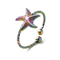 Rainbow Color Ion Plating(IP) 304 Stainless Steel Starfish Open Cuff Rings for Women, Rainbow Color, US Size 7 3/4(17.9mm)