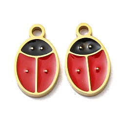 Real 14K Gold Plated 304 Stainless Steel Charms, with Enamel, Ladybird Charm, Real 14K Gold Plated, 10x6x1mm, Hole: 1.2mm