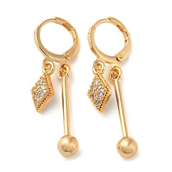 Light Gold Rhinestone Rhombus Leverback Earrings, Brass Bar Drop Earrings for Women, Light Gold, 37mm