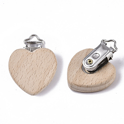 BurlyWood Beech Wood Baby Pacifier Holder Clips, with Iron Clips, Heart, Platinum, BurlyWood, 48x38x18.5mm, Hole: 3.5x6mm