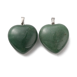 Green Aventurine Natural Green Aventurine Pendants, Heart Charms, with Rack Plating Platinum Tone Brass Snap on Bails, 32~33x30~31x12~13mm, Hole: 5x8mm