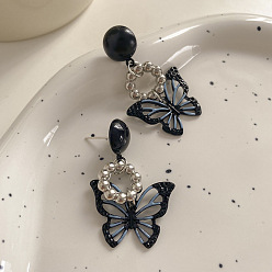 Black Enamel Butterfly Dangle Stud Earrings, Alloy Earrings with Sterling Silver Pins for Women, Black, 27~46mm