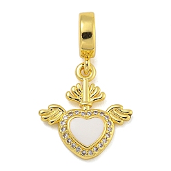 Белый Покрытие стойки латунная эмаль европейские подвески, подвески в форме крылатого сердца с большим отверстием из прозрачного кубического циркония, реальный 18 k позолоченный, долговечный, без кадмия и без свинца, белые, 27 мм, отверстие : 5 мм