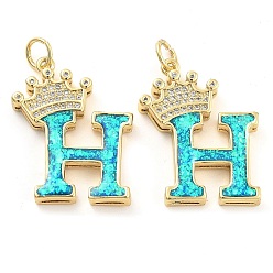 Letter H Латунные микропаве прозрачные подвески с фианитом, с синтетическим опалом, реальный 18 k позолоченный, с целью перехода в кольце, Письмо ч, 26.5~33x14~23.5x3.5~4.5 мм, отверстие : 4.5 мм