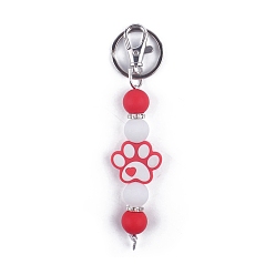 Red Round & Dog Paw Print Silicone Beaded Keychain, with Iron Findings, for Car Backpack Pendant Accessories, Red, 11.5cm