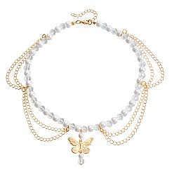 ZW860 gold. Double-layered high-gloss imitation pearl tassel heart butterfly cross necklace - versatile.