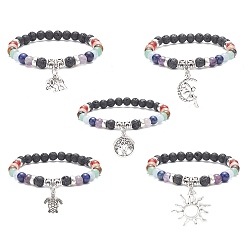 Mixed Shapes Natural Mixed Gemstone Round Beaded Stretch Bracelets with Alloy Charms, Mixed Shapes, Inner Diameter: 2-1/8 inch(5.4cm)