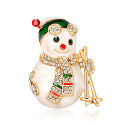 Colorful Christmas Snowman Enamel Pin with Rhinestone, Light Gold Alloy Brooch for Backpack Clothes, Colorful, 31x39mm