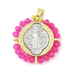 Темно-Розовый Латунь стекло кулоны, плоский круглый со святым Бенедиктом, долговечный, без кадмия и без свинца, стойки покрытие, реальный 18 k позолоченный, темно-розовыми, 25x24x5.5 мм, отверстие : 3x6 мм