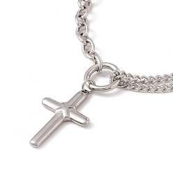 Stainless Steel Color Cross Pendant Necklace for Women, 304 Stainless Steel Chain Necklace, Stainless Steel Color, 16.93 inch(43cm)