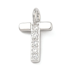 Letter T Латунные микропаве прозрачные подвески с фианитом, без кадмия и без свинца, долговечный, стойки покрытие, платина, Письмо T, 19x11x2.5 мм, отверстие : 2.5 мм