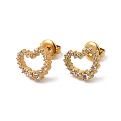 Crystal Rhinestone Hollow Heart Stud Earrings, Real 14K Gold Plated 304 Stainless Steel Jewelry for Women, Crystal, 10x11.5mm, Pin: 0.8mm