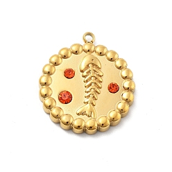 Светло-сиамский 304 из нержавеющей стали горный хрусталь подвески, плоский круглый с подвесками в виде рыбьей кости, ионное покрытие (ip), реальный 14 k позолоченный, Light Siam, 20.5x18x3 мм, отверстие : 1.4 мм