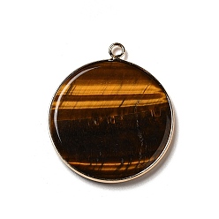 Tiger Eye Natural Tiger Eye Pendants, Flat Round Charms, with Golden Plated Brass Frame, 35x31x3~3.5mm, Hole: 2.5mm