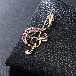 Light Amethyst Rhinestone Music Note Brooch Pin, Light Gold Alloy Badge for Backpack Clothes , Light Amethyst, 47x26mm