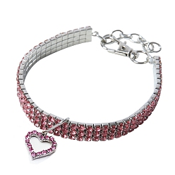 Rose Adjustable 3-Row Alloy Rhinestone Cup Chain Pet Collars, Slider Heart Pendant Cat Dog Choker Necklace, Rose, 200mm